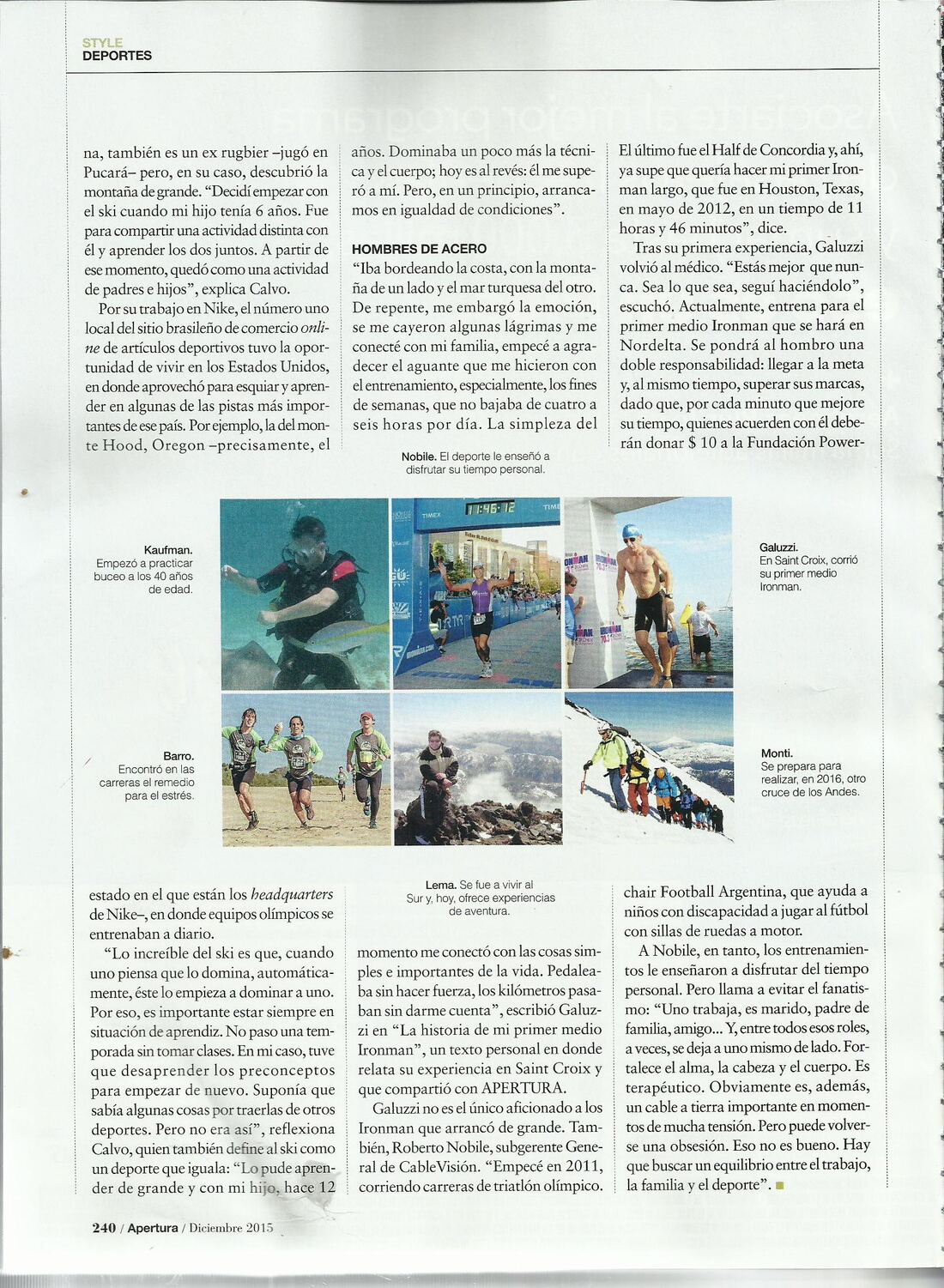 Revista Apertura, diciembre de 2015, página 240: foto de Walter Lema en la montaña con el epígrafe «Se fue a vivir al Sur»