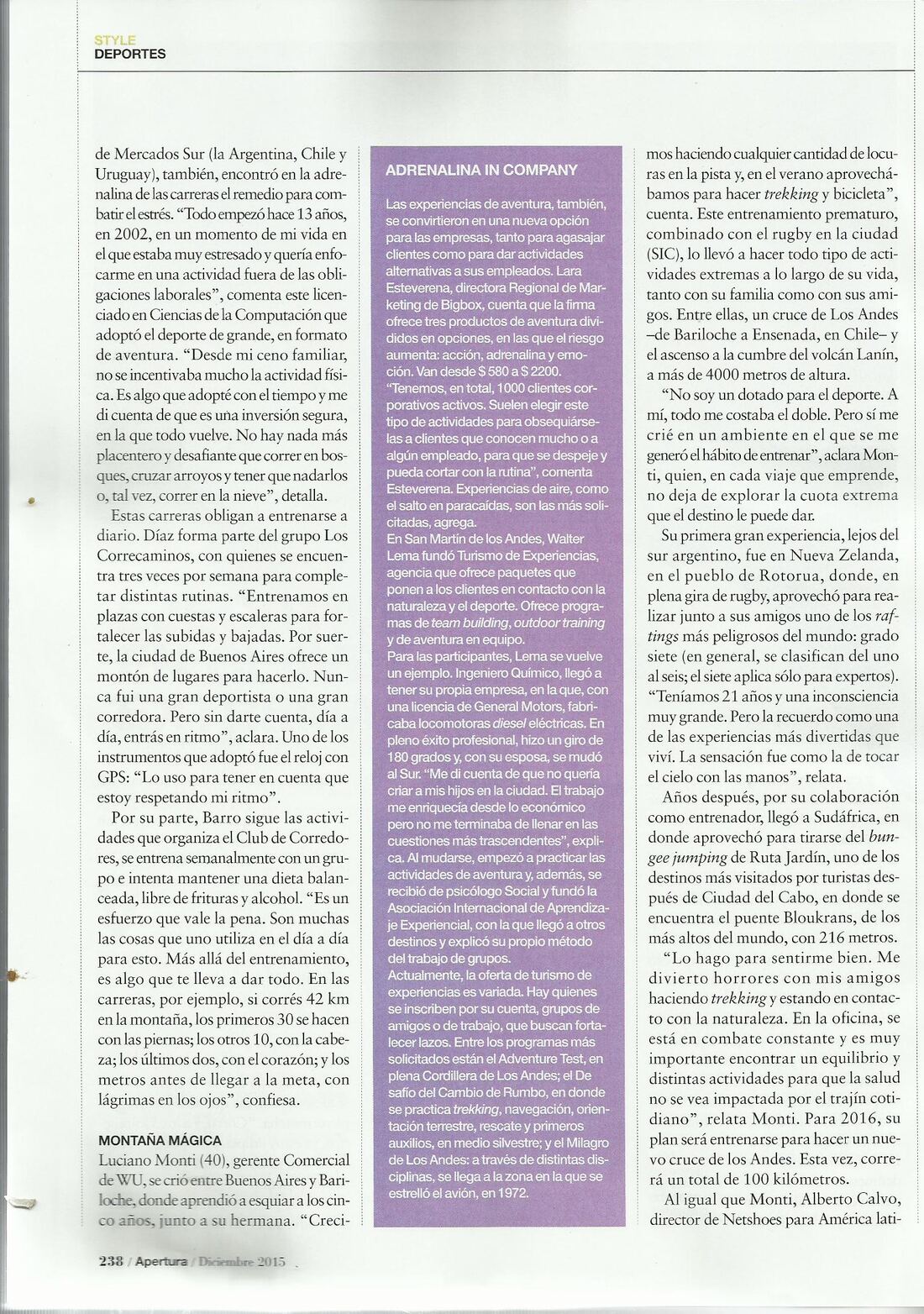Revista Apertura, «Ejecutivos en clave extrema», diciembre de 2015, página 238: recuadro «Adrenalina in company» sobre Walter Lema