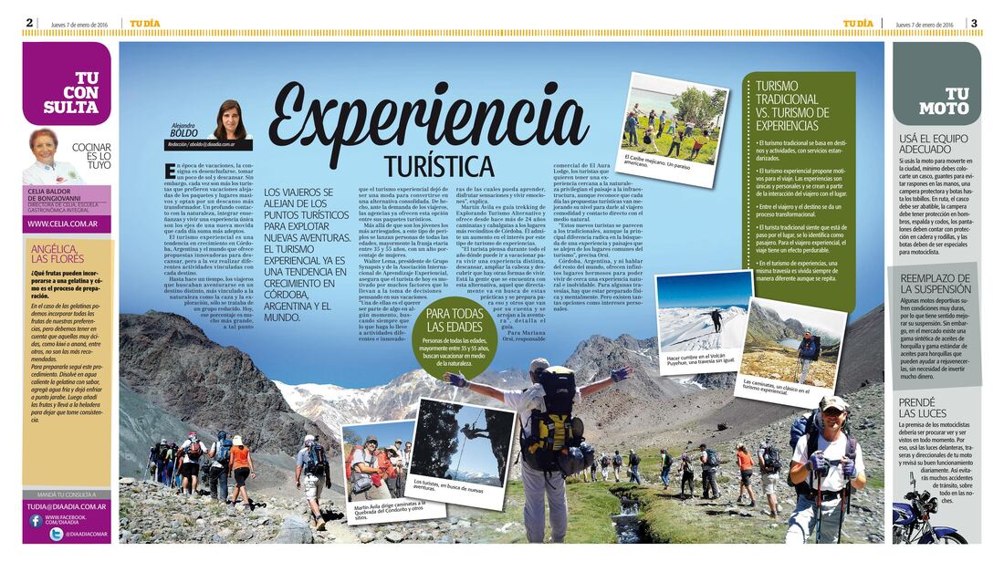 Diario Día a Día de Córdoba, «Experiencia turística» por Alejandra Boldo, 7 de enero de 2016, doble página sobre las experiencias de Walter Lema