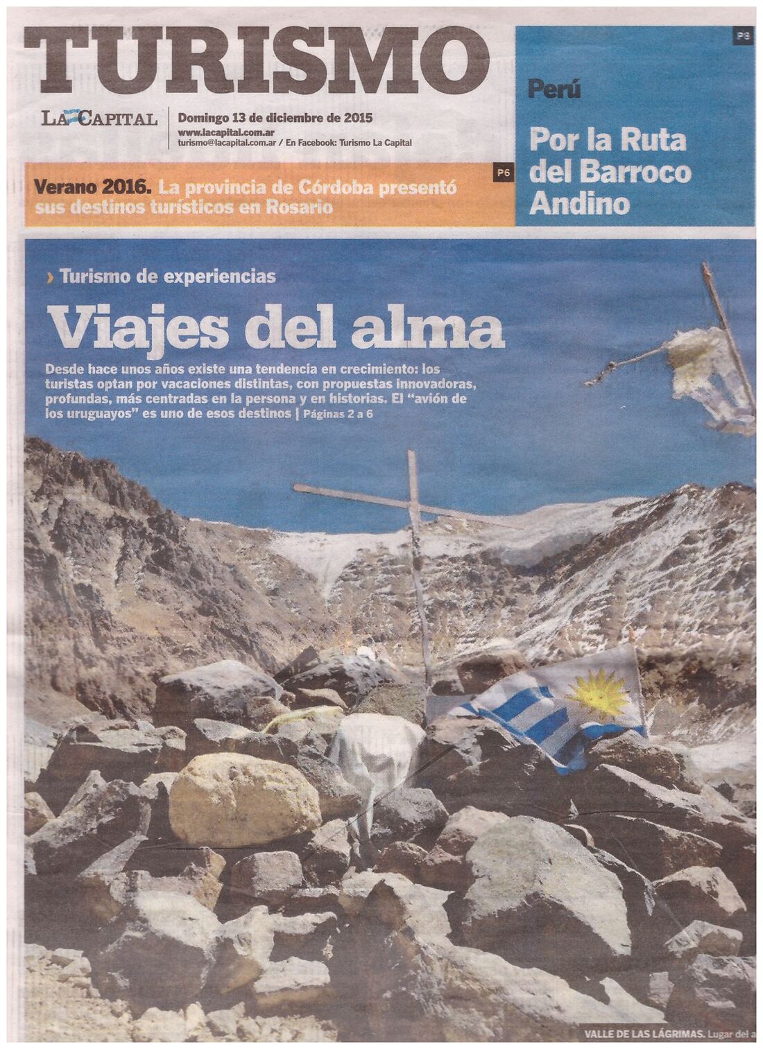 Diario La Capital de Rosario, «Viajes del alma», 13 de diciembre de 2015, tapa del suplemento Turismo sobre las travesías de Walter Lema