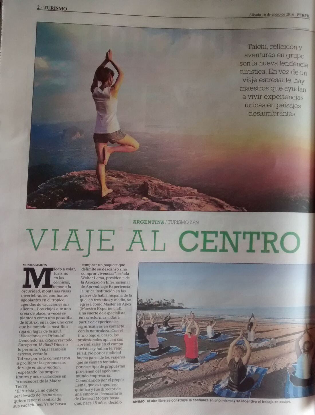 Diario Perfil, «Viaje al centro», 16 de enero de 2016, página 2: nota del suplemento Turismo con declaraciones de Walter Lema