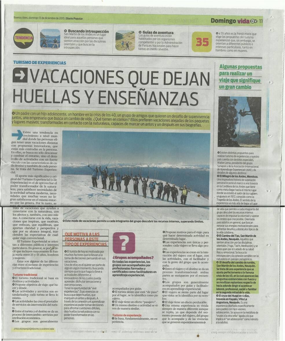 Diario Popular, «Vacaciones que dejan huellas y enseñanzas», 13 de diciembre de 2015, suplemento Domingo Vida, con las travesías de Walter Lema